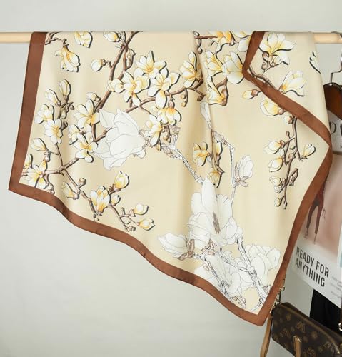 corciova Women’s Square Scarf 27.5 in (70 x 70 cm), Satin-Feel Polyester, Lightweight Fashion Scarf for Hair, Neck and Bag - color: Floral Magnolia (Beige / Brown Floral)