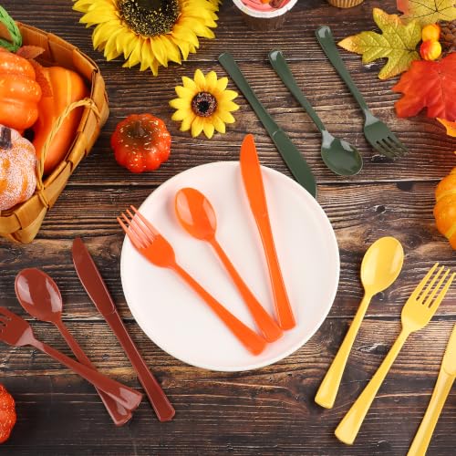 Kochorie 300 Pieces Fall Plastic Silverware, Disposable Plastic Utensils, Heavy Duty Cutlery Set Heavyweight Flatware Includes Spoons Forks Knives for Birthday Thanksgiving Harvest Party Supplies - color: Fall