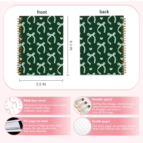 QUICQOD Dark Green Coquette Bow Spiral Notebook for Women 5.5x8.3 Inch - color: deepgreen