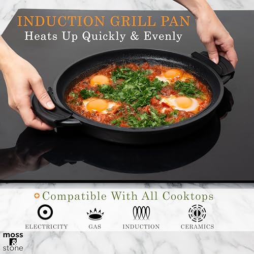 Moss & Stone 12" Grill Pan for Indoor Cooking, Nonstick Pan with Glass Lid - style: Round Indoor Grill Pan with Lid