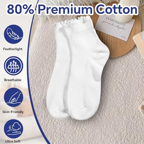 Jeffbaubl 6 Pairs Womens Ruffle Socks, Turn-Cuff Frilly Sock, Cute Ruffle Ankle Socks, Soft Breathable Lightweight(3 Black + 3 White)