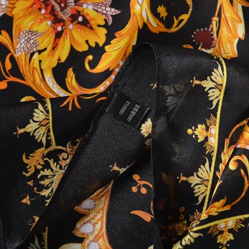 Women 100% Mulberry Silk Neck Scarf 21" Square Floral Neckerchief - color: Black Gold