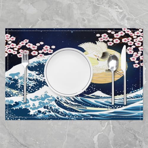 Feelyou Japanese Wave Placemats Set Set of 4 18"x12" - color: Blue