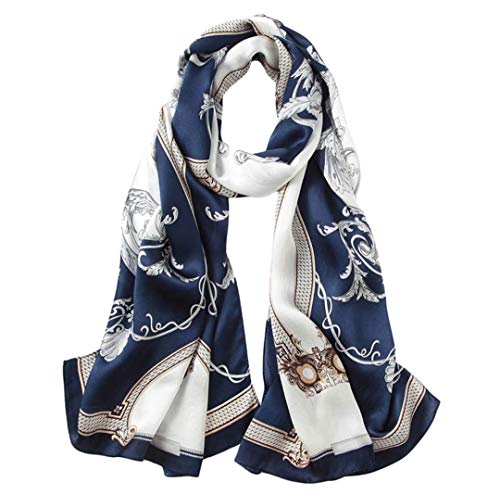 ANDANTINO 100% Silk Long Scarf-Women Large Oblong Shawls with Gift Packed - color: Navy&white -Phoenix Tail Fern