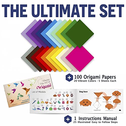 Origami Paper - 100 Origami Paper Kit - Set Includes, 100 Sheets 20 Colors 6x6, Origami Book 25 Easy Colored Projects, Kids Crafts, Christmas Gifts for boys 8-12 - size: 100 Sheets