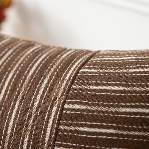 Kevin Textile Brown and Beige Patchwork Farmhouse Throw Pillow Covers 12 x 20 Inch, Pack of 2 Striped Linen Decorative Pillow Case for Sofa Couch Chair Bedroom Modern Decor - color: Brown, size: 20" x 12" (Pack of 2)