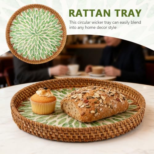 Handwoven Round Rattan Tray with Mother of Pearl Inlay, 11.02inch Round Decorative Serving Tray for Dining Table, Wall Decor & Gift(Size:Leaf)