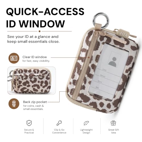 Wristlet Wallet for Women with Clear ID Window, Zip Coin Purse and Keychain - color: Beige Leopard