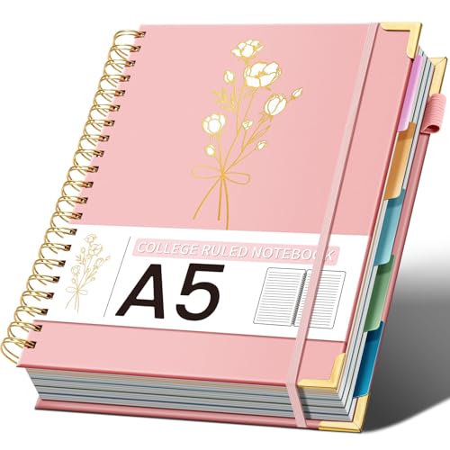 Ovesmusl 5-Subject Hardcover Spiral Notebook, 6.1" x 8.4", College Ruled - color: Pink, size: 8.4"x6.1"