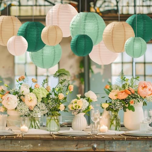 Sage Green Paper Lanterns Decorative 12pcs Party Hanging Decorations for Rustic Party Bridal Shower Wedding Baby Shower Graduation Anniversary Neutral Room Decor - color: Sage Green,forest Green,brown,ivory