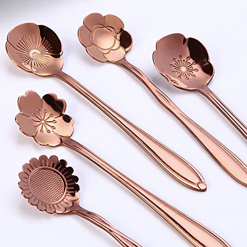 9 Pcs Flower Spoon Coffee Teaspoon, ESRISE Stainless Steel Tea Spoon (Rose Gold) - color: Rose Gold