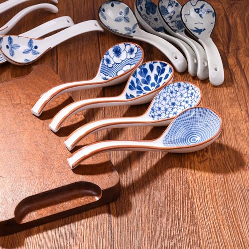 Ceramic Soup Spoon Set of 4, 6.5-Inch Blue and White Porcelain Ramen Spoons