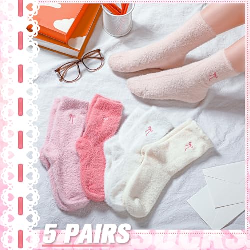 Geyoga 5 Pairs Fuzzy Bow Socks for Women Fluffy Slipper Gift - color: Gradient Pink