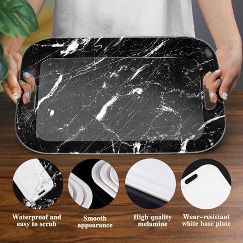 Serving Trays with Handles, 14.5 x 9.8 inch Rectangular Plastic Tray for Restaurant, Kitchen, Black Marble - color: Black Marble