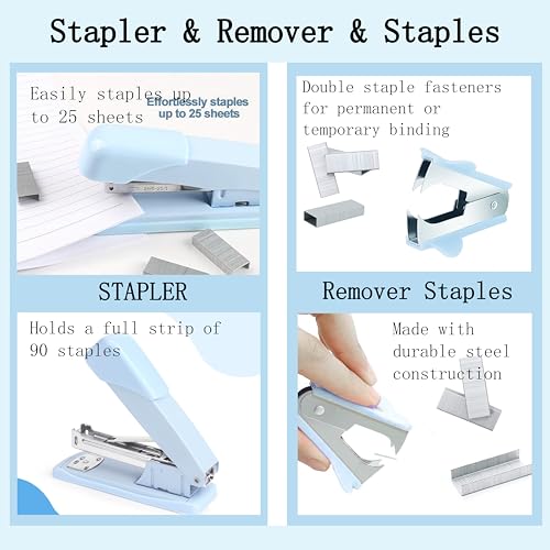 Dimonluce Blue Desk Accessories, Blue Office Supplies Accessories with Tape Dispenser, Stapler, Staple Remover, 1000 Staples, Tape, Clips Set, Ruler, Scissor, Pen - color: Blue