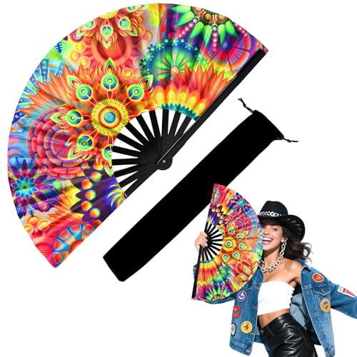13 Inch Large Rave Fan & Clack Fan for Line Dancing - Folding Hand Fan with UV Glow for Boots on The Ground, Performance, Wedding, Party - Portable Handheld Fan for Women & Men - color: Peacock Feathers*1