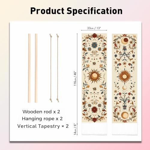 PLIGREAT 2 Pack Sun Moon Wall Hanging Long Narrow Tapestry Aesthetic Wall Tapestry for Bedroom Living Room Bathroom Home Office Decor - color: beige,red
