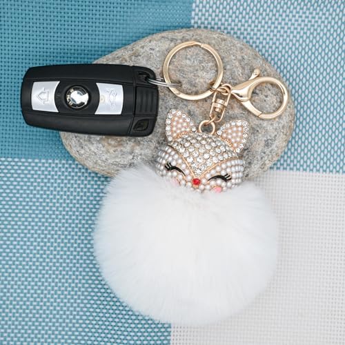 Faux Rabbit Fur Pom Pom Keychain with Fox Head - color: White