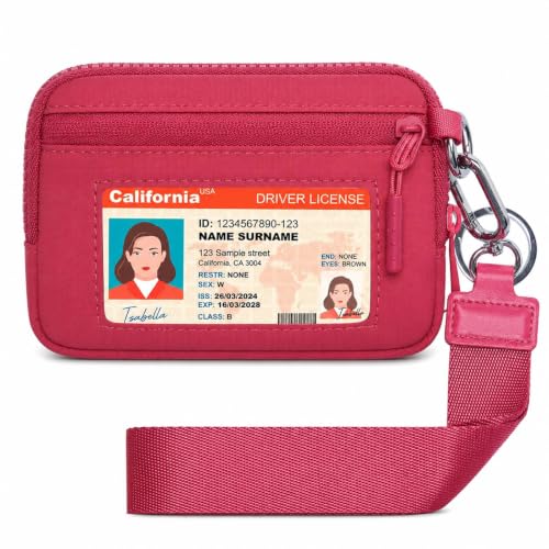 Wristlet Wallet for Women with Clear ID Window, Zip Coin Purse and Keychain - color: Raspberry