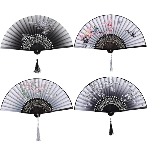 Zonon 4 Pack Hand Held Folding Fans for Women Silk,Cute - style: Cute