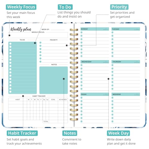 Taja Undated Weekly Planner, To Do List Notebook with Habit Tracker, A5 - color: e.Blue Blossom