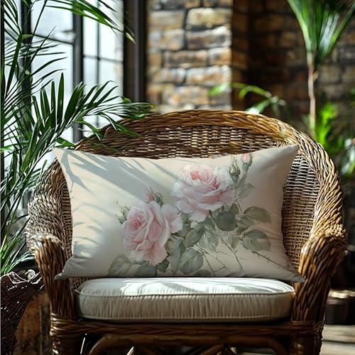 French Country Pink Rose Floral Pillow Cover 12x20 Double-Sided, Vintage Pink Flower Decorative Lumbar Throw Pillow Cover for Home Bedroom Living Room - color: A-rose-2, size: 20" x 12" (Pack of 1)