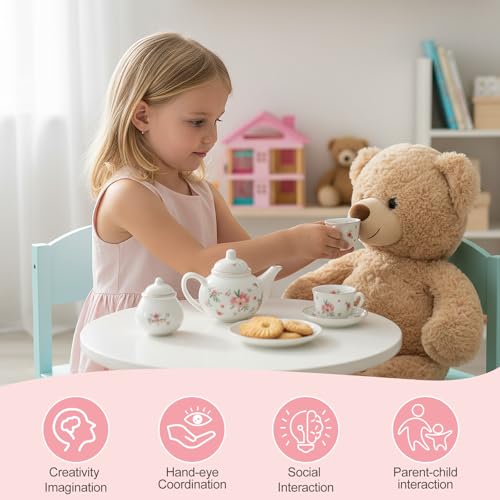 Porcelain Tea Set for Toddlers, Tea Party Set for Little Girls, Pink Floral Teapot Cup Saucer Carry Case, Princess Party Pretend Play Kids Toys, Toddler Girl Birthday Gifts Age 3 - 8 Years Old - style: B. Picnic Garden Tea