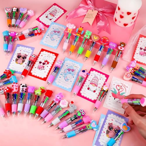 50 Pack Valentines Day 4-in-1 Multicolor Cute Animal Pens with Valentines Cards Bags Retractable Fun Ballpoint Pens Bulk for Classroom Prize Office School Gift Exchange - color: Valentines Multicolor