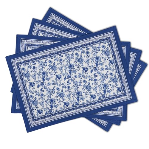 Blue Floral Branches Placemats Set of 4 ，12 x 18 Inch Chinoiserie Table Mats Washable Heat Resistant Linen Fabric Rectangle Place Mat for Indoor Outdoor Kitchen Dining Home Decor - color: Blue Floral