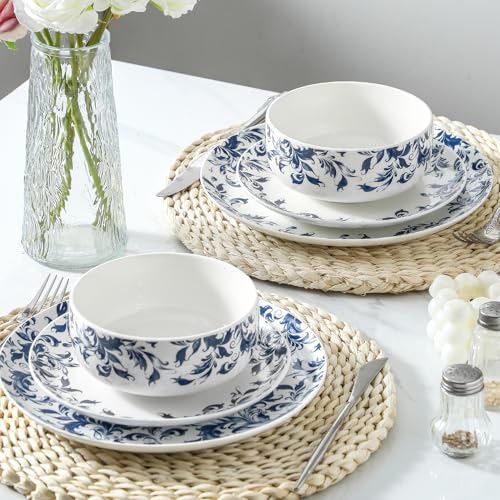 Blue Ceramic Bowl Large Cereal Bowls Set of 4 with Japanese Floral Pattern - color: 4PC white and blue 5