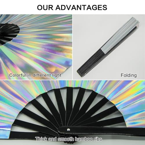 Large Rave Fan, Clack Folding Hand Fan with Premium Fabric, Thick Bamboo Frame for Men Women Gift for EDM, Festival, Club, Party, Dance, Decoration (Holographic Silver, 11") - color: Holographic Silver, size: 11"
