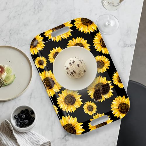 Serving Trays with Handles, 14.5 x 9.8 inch Rectangular Plastic Tray for Restaurant, Kitchen, Sunflower Black Background - color: Sunflower Black Background