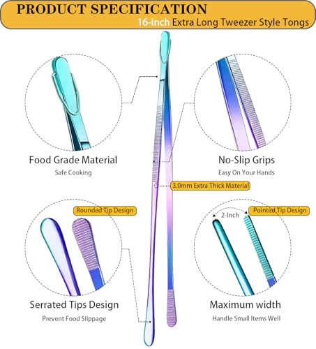 JETKONG 2 Pcs 16-Inch Stainless Steel Fine Tongs Extra Long Chopstick Tongs Long Kitchen Forceps for Cooking (Rainbow) - color: Rainbow, size: 16+16 Inch