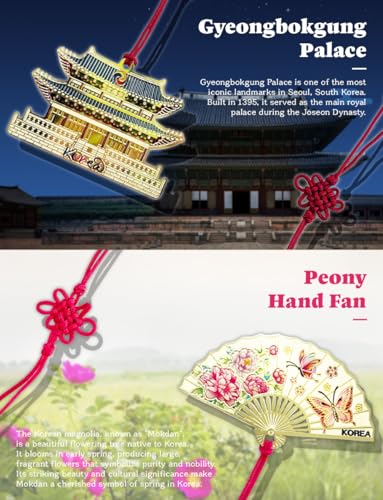 4 Pieces Metal Bookmark (Mandarin Duck, Plum Blossom, Gyeongbokgung Palace, Peony Hand Fan) + 4 Envelopes - Korean Traditional Bookmark 책갈피 원앙, 매화꽃, 경복궁, 목단부채 - style: Set 2