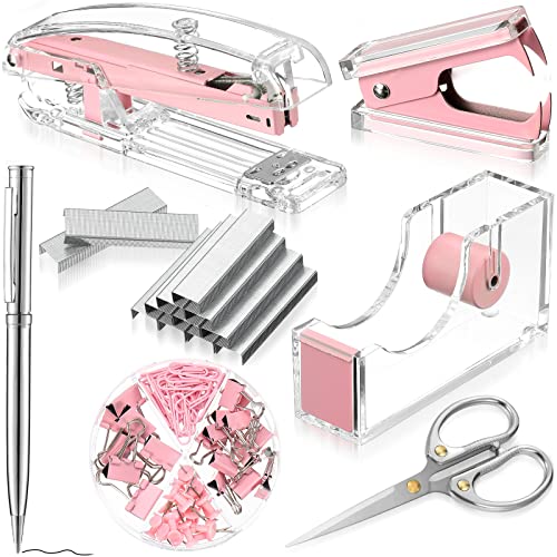 Pink Office Supplies Set Desk Accessory Kit, Acrylic Stapler Set - color: Pink