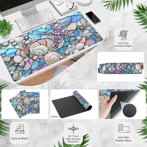 Stained Glass Desk Mat Large Mouse Pad Extended Desk Pad, Gaming Computer Mouse Mat XXL, Big Desktop Keyboard Mat, Full Desk Laptop Pad for Office Work, Ocean Desk Decor Aesthetic 31.5×15.7 Inch - color: Coastal Seashells