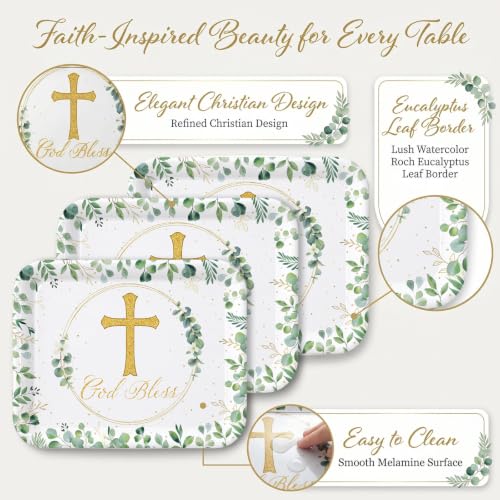 Vesici 4 Pack Eucalyptus God Bless Melamine Serving Trays, 13 x 10 Inch Rectangular Religious Decorative Platters with Gold Cross, Durable Serving Plates for Baptism, First Communion & Church Events - style: Eucalyptus Leaf Religious