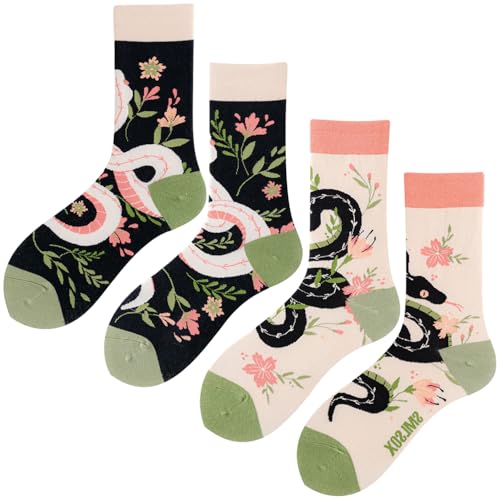 2 Pairs Cartoon Animal Crew Socks Fun Cotton Mid Calf Socks for Women - color: Snake & Flower