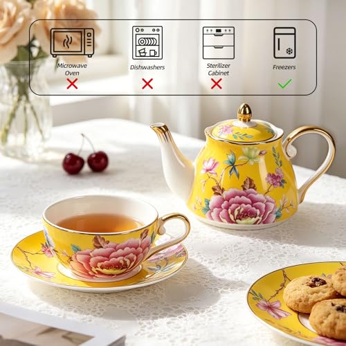 KAMMAK Tea for One Set, Ceramic Teapot, Bone China Tea Set, Cup and Saucer - color: Yellow-GH10