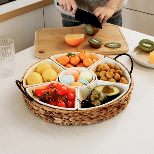 Serving Tray and Serving Dishes, RANDEFURN 7-Set Gold Platters for Parties,15.5 x 15.5 inches, Divided Serving Trays & Platters, Portable Handle,Gold - color: Gold