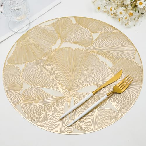Gold Round Placemats Set of 6 Metallic Pressed Vinyl Place Mats 15 Inch - color: Gold Ginkgo