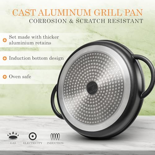 Moss & Stone 12" Grill Pan for Indoor Cooking, Nonstick Pan with Glass Lid - style: Round Indoor Grill Pan with Lid