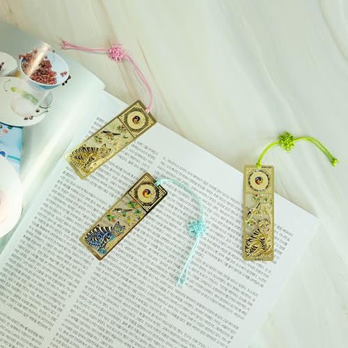 Korean Bookmark Set 3 Pack with Tassels Blue and Gold Metal Page Holder Reading Accessories for Book Lovers Cute Bible Bookmark Gift 1x3 Inch (Gold Tiger) - color: Gold Tiger