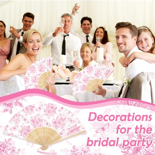 JarThenaAMCS 25 Sets Pink Floral Hand Folding Fans with Bags Wedding Party Favors Chinoiserie Flower Butterfly Foldable Paper Fans with Tassel for Bridesmaid Bridal Shower Decor