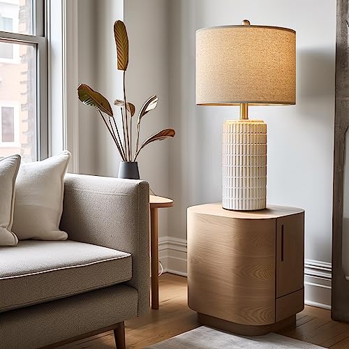 PoKat 23" Modern Ceramic Table Lamp Set of 2 for Living Room Bedroom, White - color: Beige and White