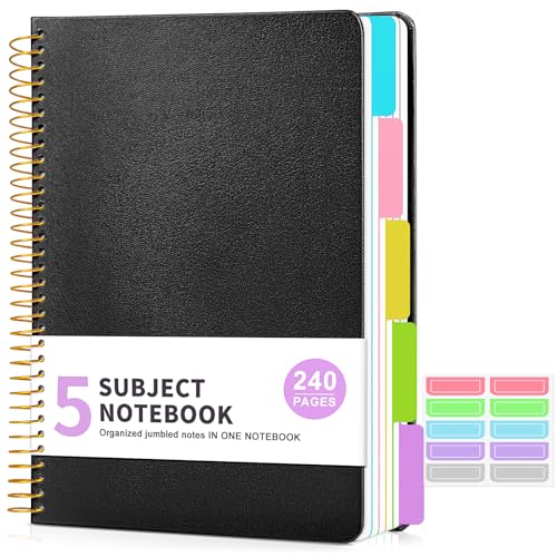 5 Subject Notebook College Ruled with Removable Pocket Dividers Tabs, 240 Pages Spiral Notebook 8.5 x 11, Lined Journal Notebook for Women , Hardcover Notebooks for Work School Note taking A4 Black - color: Black, size: A4