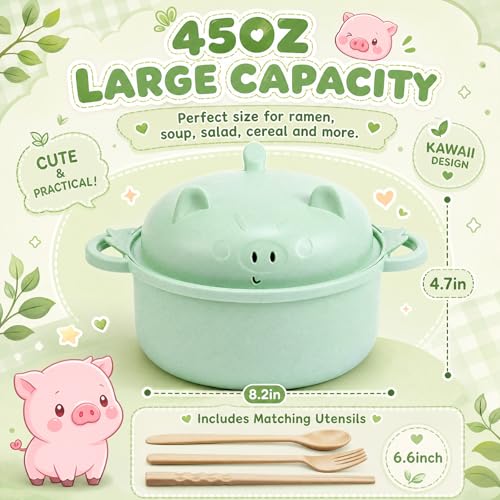 1 Set Large 45oz Cute Pig Ramen Bowl Set Microwavable, Nordic Green - color: Nordic Green