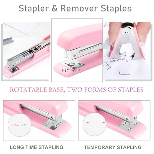 Pink Desk Accessories, Pink Office Supplies Accessories with Tape Dispenser, Stapler, Staple Remover, 1000 Staples, Tape, Clips Set, Ruler, Scissor, Pen - color: Pink