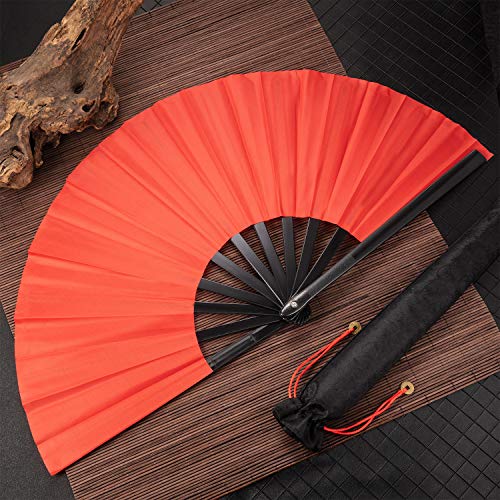 Maitys 2 Pack Large Folding Hand Fans 13'' Chinese Red Handheld Fan Clap Fans for Line Dancing, Rave, Tai Chi, Festival, Kung Fu, Martial Art, Performances, Gift, Includes 2 Pouch - color: Red