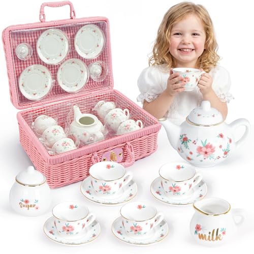 Porcelain Tea Set for Toddlers, Tea Party Set for Little Girls, Pink Floral Teapot Cup Saucer Carry Case, Princess Party Pretend Play Kids Toys, Toddler Girl Birthday Gifts Age 3 - 8 Years Old - style: B. Picnic Garden Tea